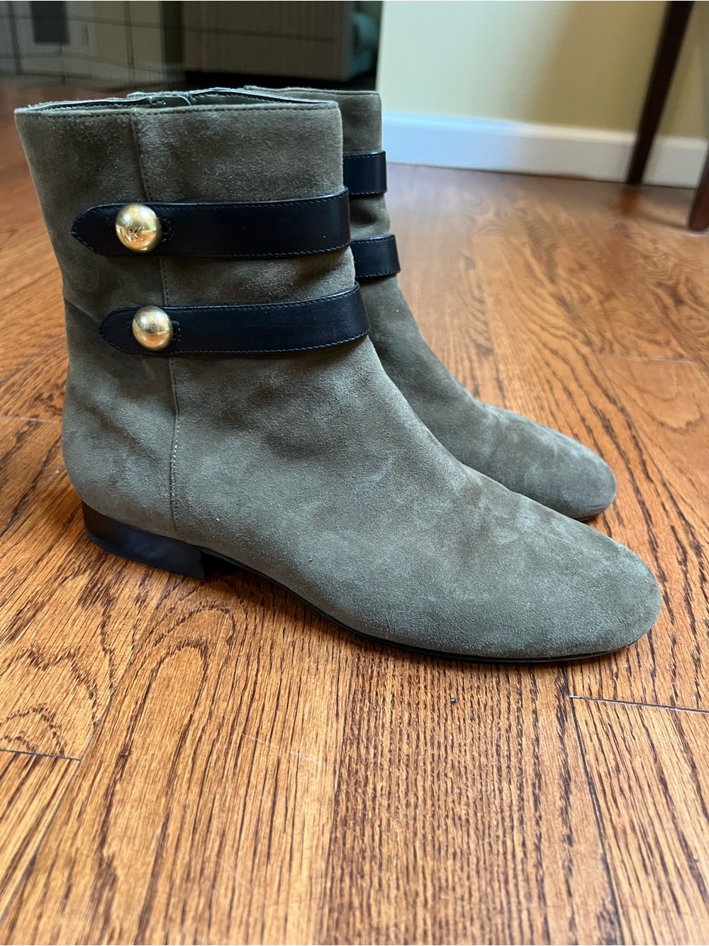 Michael Kors Olive Suede Ankle Boots with Black Straps & Gold Buttons